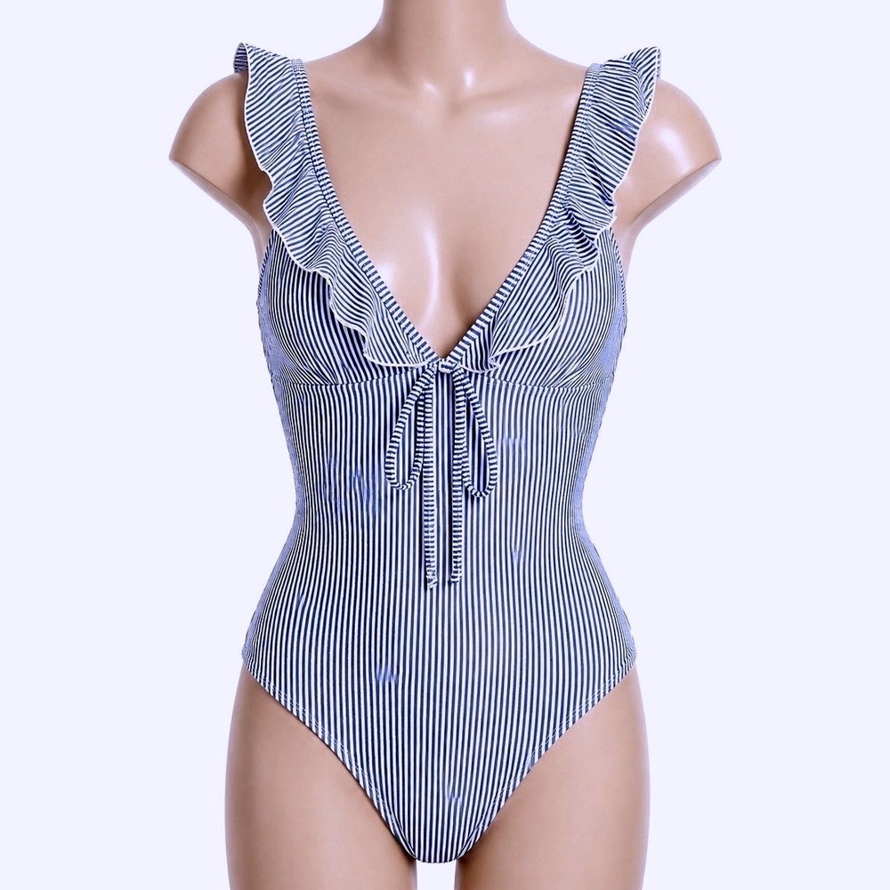 Seamolly Blue White Striped Ruffle V-Neck One Piece Swimsuit NWT Size S